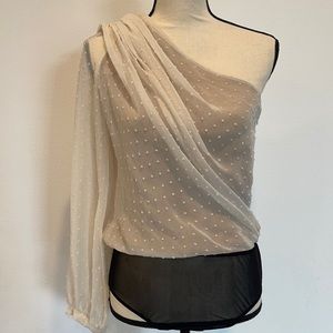 Lublu white cream sheer silk one shoulder bodysuit leotard top blouse shirt